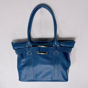 Avon Blue Faux Leather Tote Bag Purse Shoulder Bag Handbag W Built In Organizer
